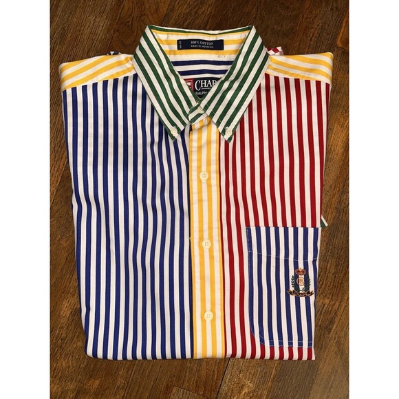 Vintage Ralph Lauren Chaps Shirt Mens M Bright Striped Colorblock Crest 90s - Picture 1 of 5